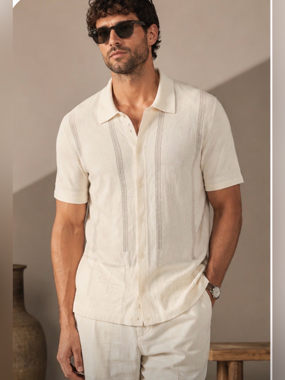 Todd Snyder Silk Cotton Eyelet Knit Shirt Cream Size L - Picture 3 of 14